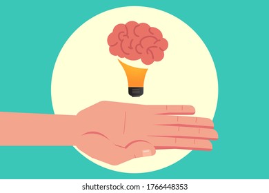 Idea vector concept: light bulb with brain top on hand