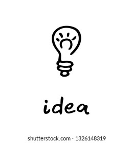 Idea. Vector free hand drawn logo glowing light bulb. Can be used for different designs, for example a print on a t-shirt.