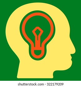 Idea vector icon. Style is bicolor flat symbol, orange and yellow colors, rounded angles, green background.