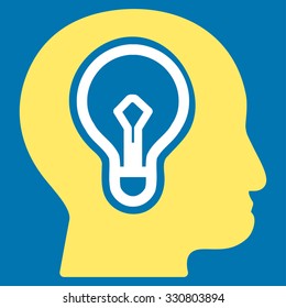 Idea vector icon. Style is bicolor flat symbol, yellow and white colors, rounded angles, blue background.