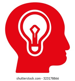 Idea vector icon. Style is flat symbol, red color, rounded angles, white background.