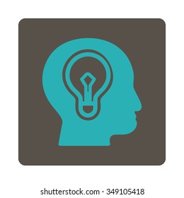 Idea vector icon. Style is flat rounded square button, cyan and grey colors, white background.