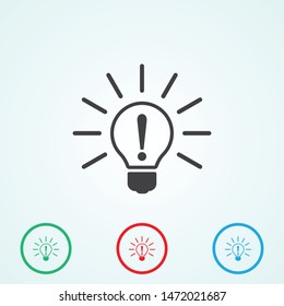 An idea vector icon. A symbol of an idea and a bulblamp icon. The sign of the bulblamp and lamp. An exclamation mark icon.