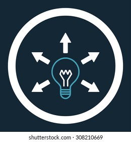 Idea vector icon. This rounded flat symbol is drawn with blue and white colors on a dark blue background.
