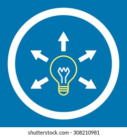 Idea vector icon. This rounded flat symbol is drawn with yellow and white colors on a blue background.