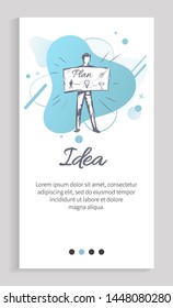 Idea vector, innovations in business, person holding board with steps and plan for achieving of success, monochrome sketch of male abstract. Website or app slider template, landing page flat style