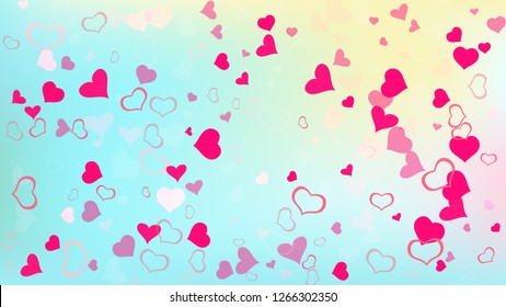 The idea of wallpaper design, textiles, packaging, printing, holiday invitation for wedding. Spring background. Red hearts of confetti crumbled. Red on Gradient fond Vector.