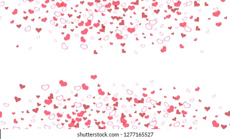 The idea of wallpaper design, textiles, packaging, printing, holiday invitation for wedding. Red on White fond Vector. Red hearts of confetti are flying. Romantic background.