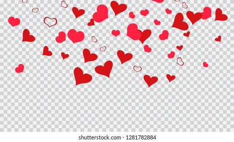 The idea of wallpaper design, textiles, packaging, printing, holiday invitation for wedding. Stylish background. Red hearts of confetti are falling. Red on Transparent background Vector.