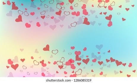 The idea of wallpaper design, textiles, packaging, printing, holiday invitation for wedding. Red hearts of confetti crumbled. Happy background. Red on Gradient background Vector.