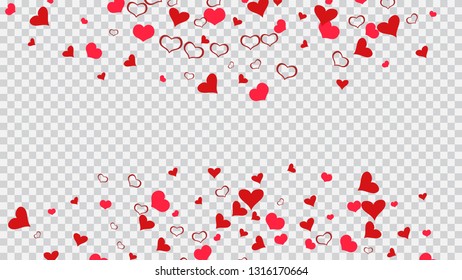 The idea of wallpaper design, textiles, packaging, printing, holiday invitation for birthday. Red on Transparent fond Vector. Red hearts of confetti are flying. Festive background.