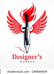 Idea is a weapon concept, weapon of a designer or artist allegory shown as winged sword with pencil instead of blade, creative power, vector logo or icon.
