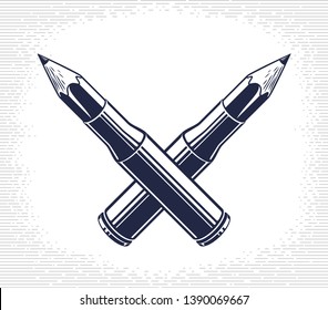 Idea is a weapon concept, weapon of a designer or artist allegory shown as a firearm cartridge cases with pencils instead of bullet, creative power, vector logo or icon.