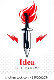 Idea is a weapon concept, weapon of a designer or artist allegory shown as sword with pencil instead of blade, creative power, vector logo or icon.