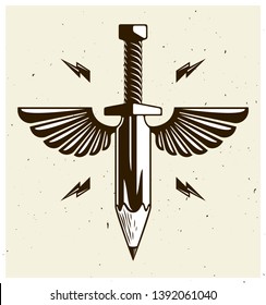 Idea is a weapon concept, weapon of a designer or artist allegory shown as winged sword with pencil instead of blade, creative power, vector logo or icon.