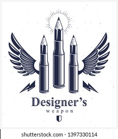 Idea is a weapon concept, weapon of a designer or artist allegory shown as a winged firearm cartridge cases with pencils instead of bullet, creative power, vector logo or icon.