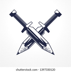 Idea is a weapon concept, weapon of a designer or artist allegory shown as two crossed swords with pencils instead of blades, creative power, vector logo or icon.