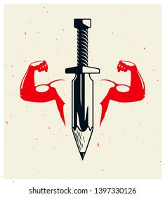 Idea is a weapon concept, weapon of a designer or artist allegory shown as sword with pencil instead of blade and strong man hands showing bicep, creative power, vector logo or icon.
