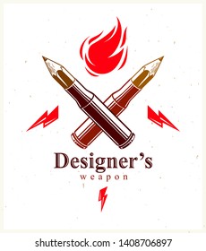 Idea is a weapon concept, weapon of a designer or artist allegory shown as a firearm cartridge cases with pencils instead of bullet, creative power, vector logo or icon.