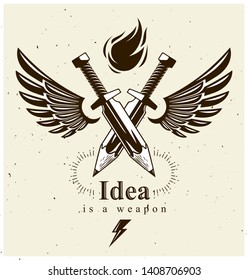 Idea is a weapon concept, weapon of a designer or artist allegory shown as two crossed swords with pencils instead of blades and wings, creative power, vector logo or icon.