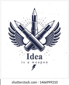Idea is a weapon concept, weapon of a designer or artist allegory shown as a winged firearm cartridge cases with pencils instead of bullet, creative power, vector logo or icon.
