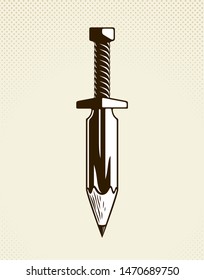 Idea is a weapon concept, weapon of a designer or artist allegory shown as sword with pencil instead of blade, creative power, vector logo or icon.