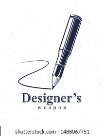 Idea is a weapon concept, weapon of a designer or artist allegory shown as a firearm cartridge case with pencil instead of bullet, creative power, vector logo or icon.
