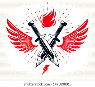 Idea is a weapon concept, weapon of a designer or artist allegory shown as two crossed swords with pencils instead of blades and wings, creative power, vector logo or icon.