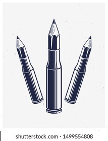 Idea is a weapon concept, weapon of a designer or artist allegory shown as a firearm cartridge cases with pencils instead of bullet, creative power, vector logo or icon.