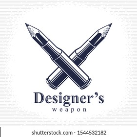 Idea is a weapon concept, weapon of a designer or artist allegory shown as a firearm cartridge cases with pencils instead of bullet, creative power, vector logo or icon.