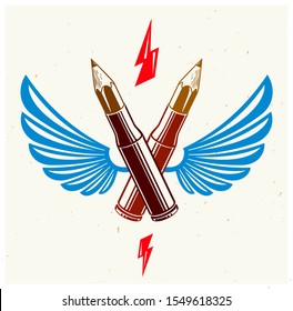 Idea is a weapon concept, weapon of a designer or artist allegory shown as a winged firearm cartridge cases with pencils instead of bullet, creative power, vector logo or icon.