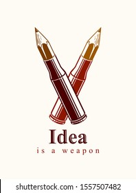 Idea is a weapon concept, weapon of a designer or artist allegory shown as a firearm cartridge cases with pencils instead of bullet, creative power, vector logo or icon.