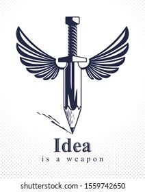 Idea is a weapon concept, weapon of a designer or artist allegory shown as winged sword with pencil instead of blade, creative power, vector logo or icon.