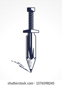 Idea is a weapon concept, weapon of a designer or artist allegory shown as sword with pencil instead of blade, creative power, vector logo or icon.