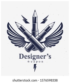Idea is a weapon concept, weapon of a designer or artist allegory shown as a winged firearm cartridge cases with pencils instead of bullet, creative power, vector logo or icon.