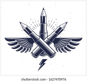 Idea es un concepto de arma, arma de un diseñador o alegoría del artista que se muestra como una caja de cartucho de arma de fuego alada con lápices en lugar de bala, poder creativo, logotipo de Vector o ícono.
