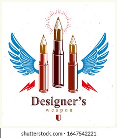 Idea ist ein Waffenkonzept, eine Waffe eines Designers oder Künstlers Allegorie, die als geflügelten Feuerwaffenpatronengehäuse mit Bleistiften statt Kugel, kreative Kraft, Vektorillustration Logo oder Symbol gezeigt.