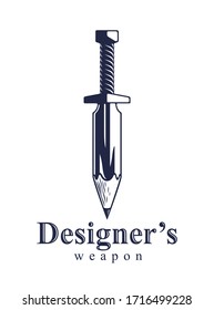 Idea is a weapon concept, weapon of a designer or artist allegory shown as sword with pencil instead of blade, creative power, vector logo or icon.