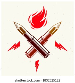 Idea is a weapon concept, weapon of a designer or artist allegory shown as a firearm cartridge cases with pencils instead of bullet, creative power, vector logo or icon.