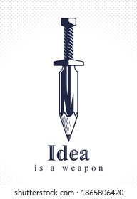 Idee ist ein Waffenkonzept, Waffe eines Designers oder Künstlers Allegorie als Schwert mit Bleistift statt Blade, kreative Kraft, Vektorlogo oder Symbol gezeigt.
