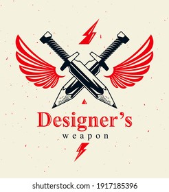 Idea is a weapon concept, weapon of a designer or artist allegory shown as two crossed swords with pencils instead of blades and wings, creative power, vector logo or icon.