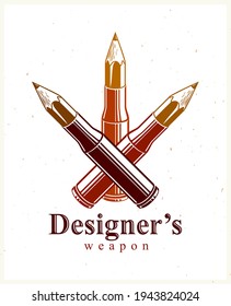 Idea is a weapon concept, weapon of a designer or artist allegory shown as a firearm cartridge cases with pencils instead of bullet, creative power, vector logo or icon.