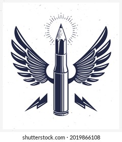 Idee ist ein Waffenkonzept, Waffe eines Designers oder Künstlers Allegorie als Flügelpatrone mit Bleistift statt Kugel, kreative Kraft, Vektorlogo oder Symbol gezeigt.
