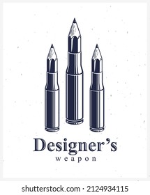 Idea is a weapon concept, weapon of a designer or artist allegory shown as a firearm cartridge cases with pencils instead of bullet, creative power, vector logo or icon.