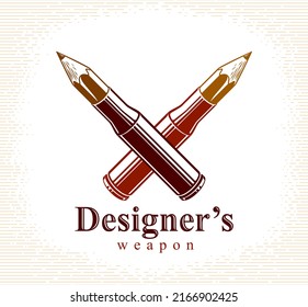 La idea es un concepto de arma, arma de un diseñador o alegoría de artista mostrada como estuches de cartucho de arma de fuego con lápices en lugar de balas, poder creativo, logo vectorial o ícono.