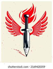 Idea is a weapon concept, weapon of a designer or artist allegory shown as winged sword with pencil instead of blade, creative power, vector logo or icon.
