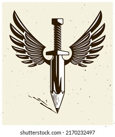 La idea es un concepto de arma, arma de un diseñador o artista alegoría mostrada como espada alada con lápiz en lugar de cuchilla, poder creativo, logo vectorial o ícono.