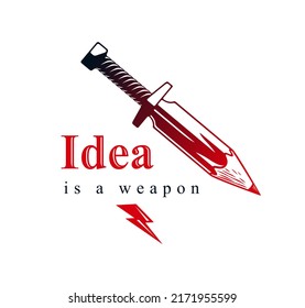 Idea is a weapon concept, weapon of a designer or artist allegory shown as sword with pencil instead of blade, creative power, vector logo or icon.