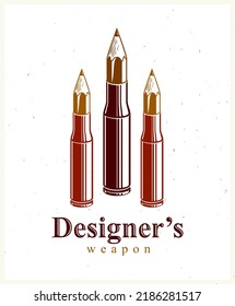 Idea is a weapon concept, weapon of a designer or artist allegory shown as a firearm cartridge cases with pencils instead of bullet, creative power, vector logo or icon.