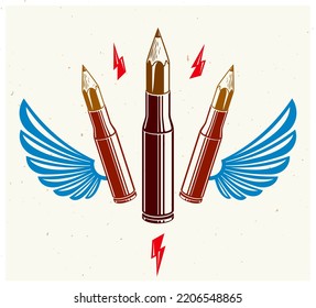 Idea ist ein Waffenkonzept, Waffe eines Designers oder Künstlers Allegorie als Flügelkästen mit Feuerwaffen Patronen mit Stifte statt Kugel, kreative Kraft, Vektorlogo oder Symbol gezeigt.